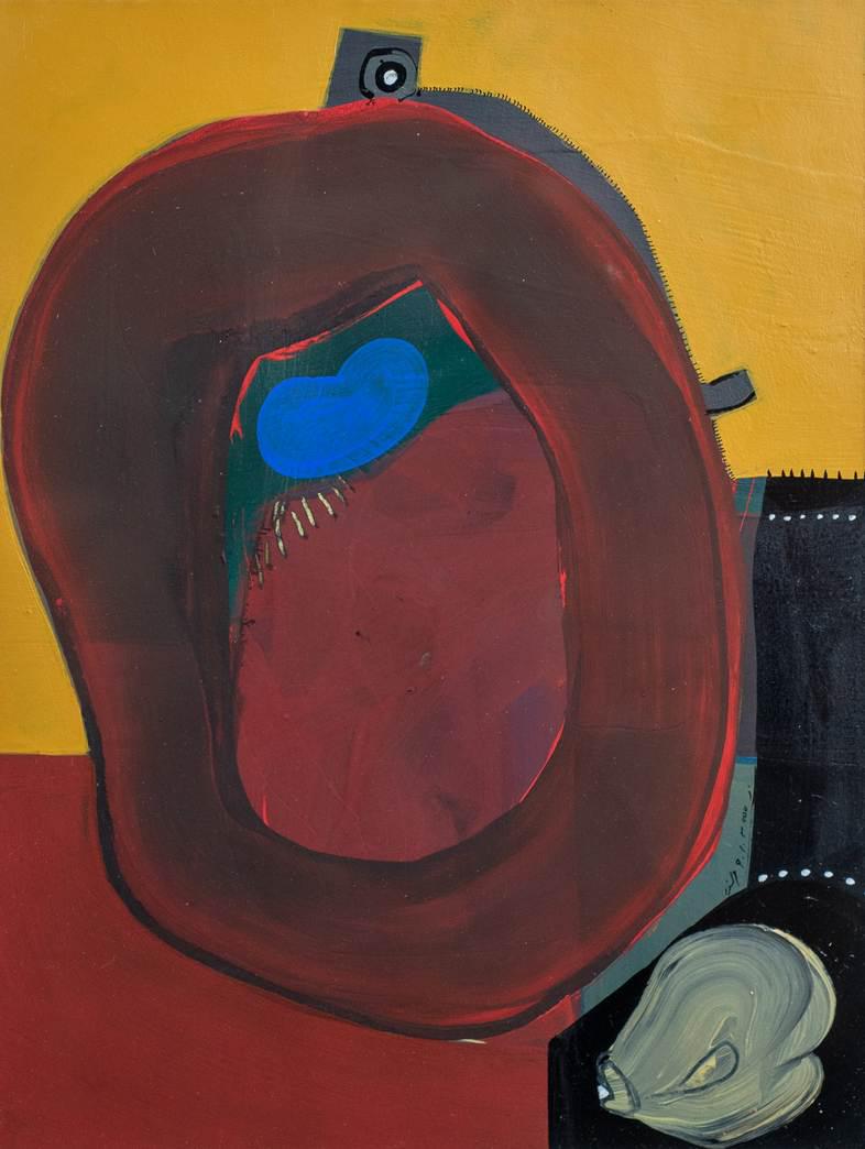 Unver Shafi Khan abstract still life painting: Unver Shafi Khan (Pakistani, b 1961) abstract still life painting, untitled, oil on paper, signed in Urdu, 12-1/2" x 9-1/2" sheet, framed 18-3/4" x 15-3/4", very good condition