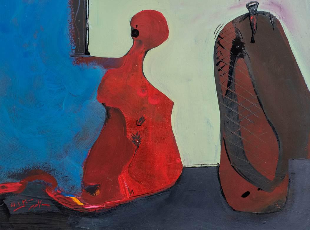 Unver Shafi Khan abstract still life painting: Unver Shafi Khan (Pakistani, b 1961) abstract still life painting, untitled, oil on paper, signed in Urdu, 9-1/2" x 12-1/2" sheet, framed 15-3/4" x 18-3/4", very good condition