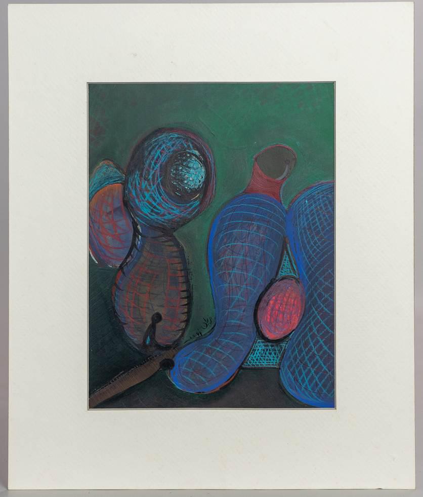Unver Shafi Khan (Pakistani, b 1961) abstract painting: Unver Shafi Khan (Pakistani, b 1961) abstract painting, untitled, signed in Urdu, 12-1/2 x 9-1/2" sheet, matted size 17-5/8" x 14-3/4", very good condition