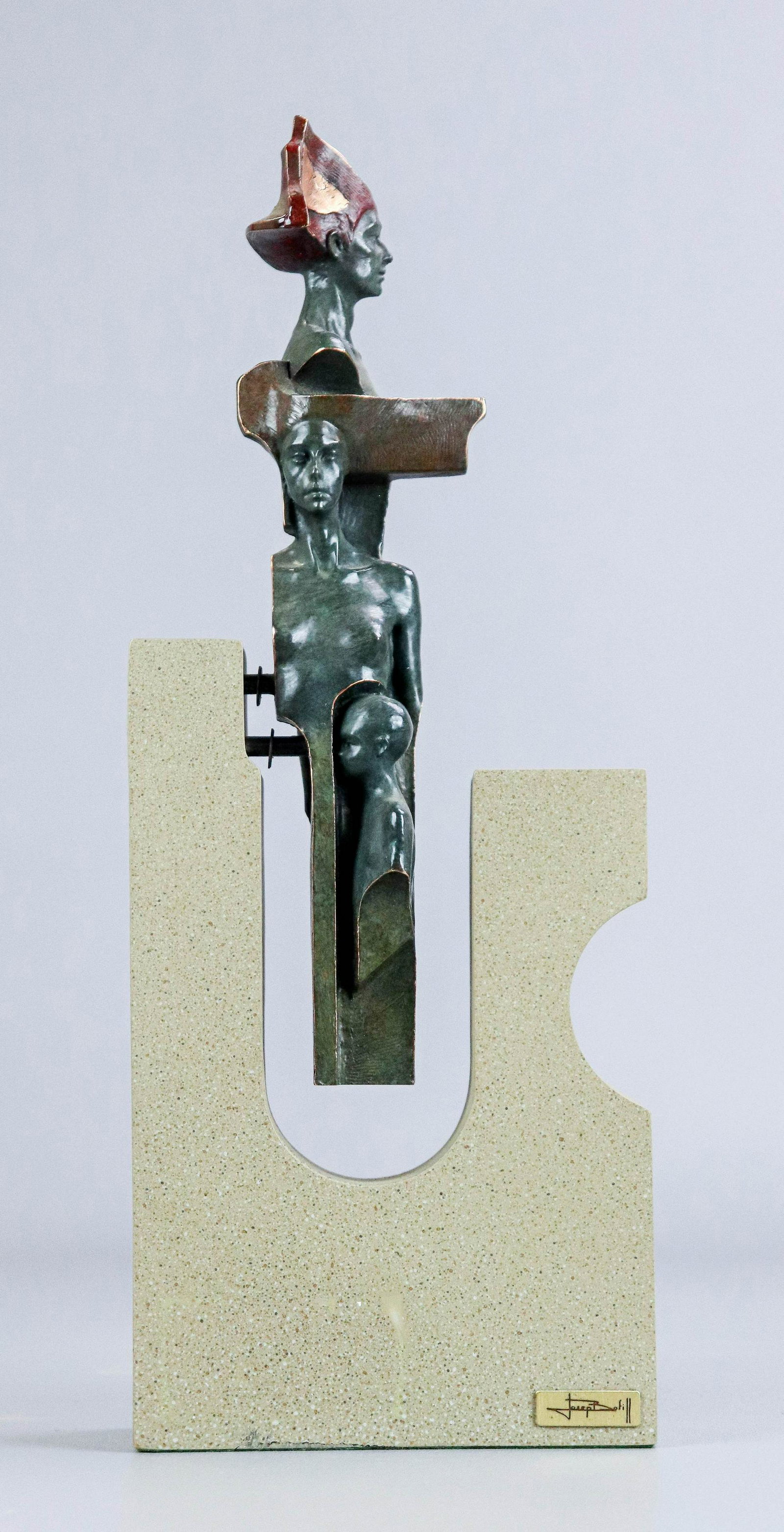Joseph Bofill Moline Contemporary Bronze Sculpture: James Bofill Moline (Spanish, b 1942), contemporary bronze sculpture depicting a family, painted bronze & stone, signed Joseph Bofill, edition 350/990, 6" x 3-1/2" x 15-1/2" h, good condition, some ar