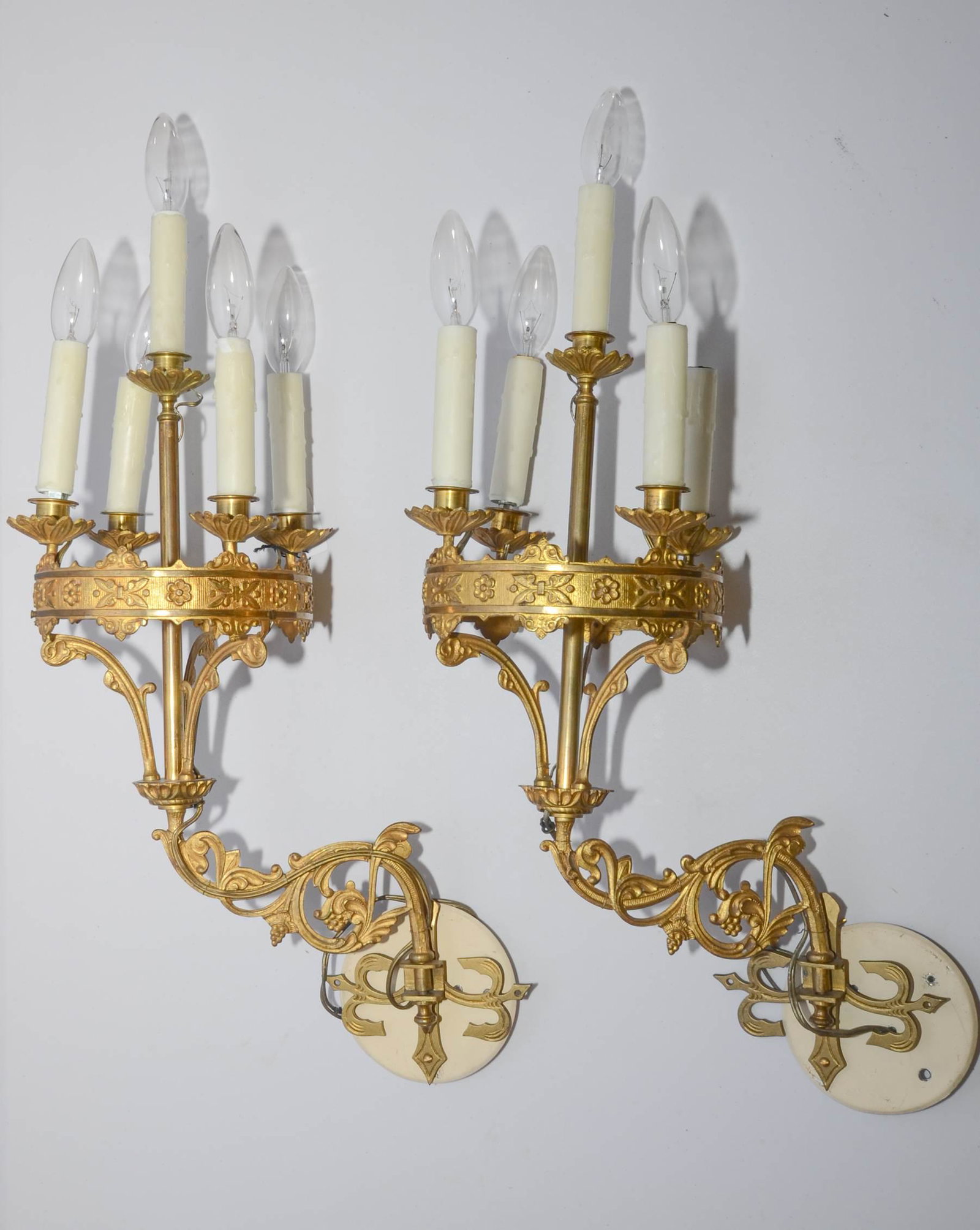 Pair French style gilt metal sconces: Pair French style gilt metal sconces, 4 lights, floral and leaf decoration, 22"h