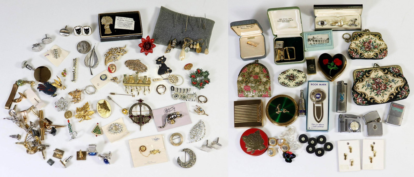 Compact Cases, Pins, and Lighter Lot: Compact cases, pin and lighters mixed lot. (53) pins and stick pins, (1) Boxed bookmark, (4) makeup compacts, (5) lighters, (3) embroidered coin purses, (1) Tin, Misc. buttons (1) small collection of 