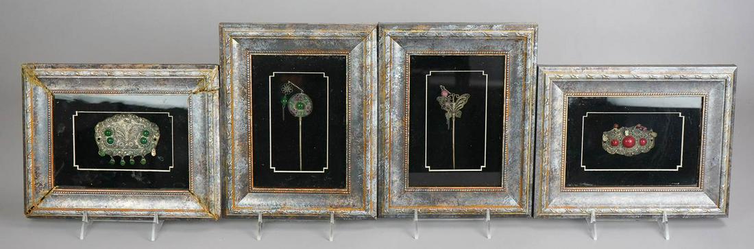 (4) Shadow Box Framed Indian Filigree Baubles: (4) Shadow box framed Indian filigree baubles to include red, green and pink stone adorned items with enamel, framed in back set velvet, damage and repairs to frames, 10" x 8"