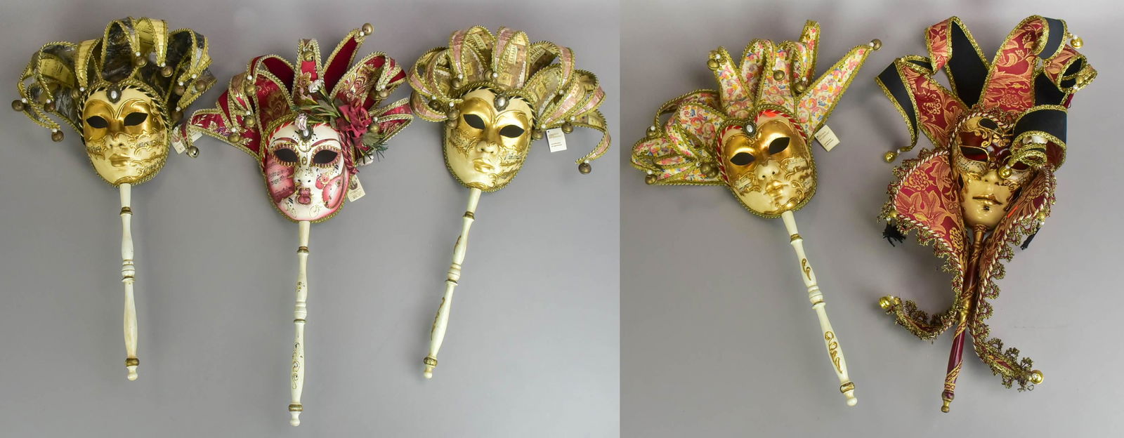 (5) Venetian Papier Mache Masks: (5) Venetian papier mache masks, all music related, on holding implement, in paint decoration with various adornments.