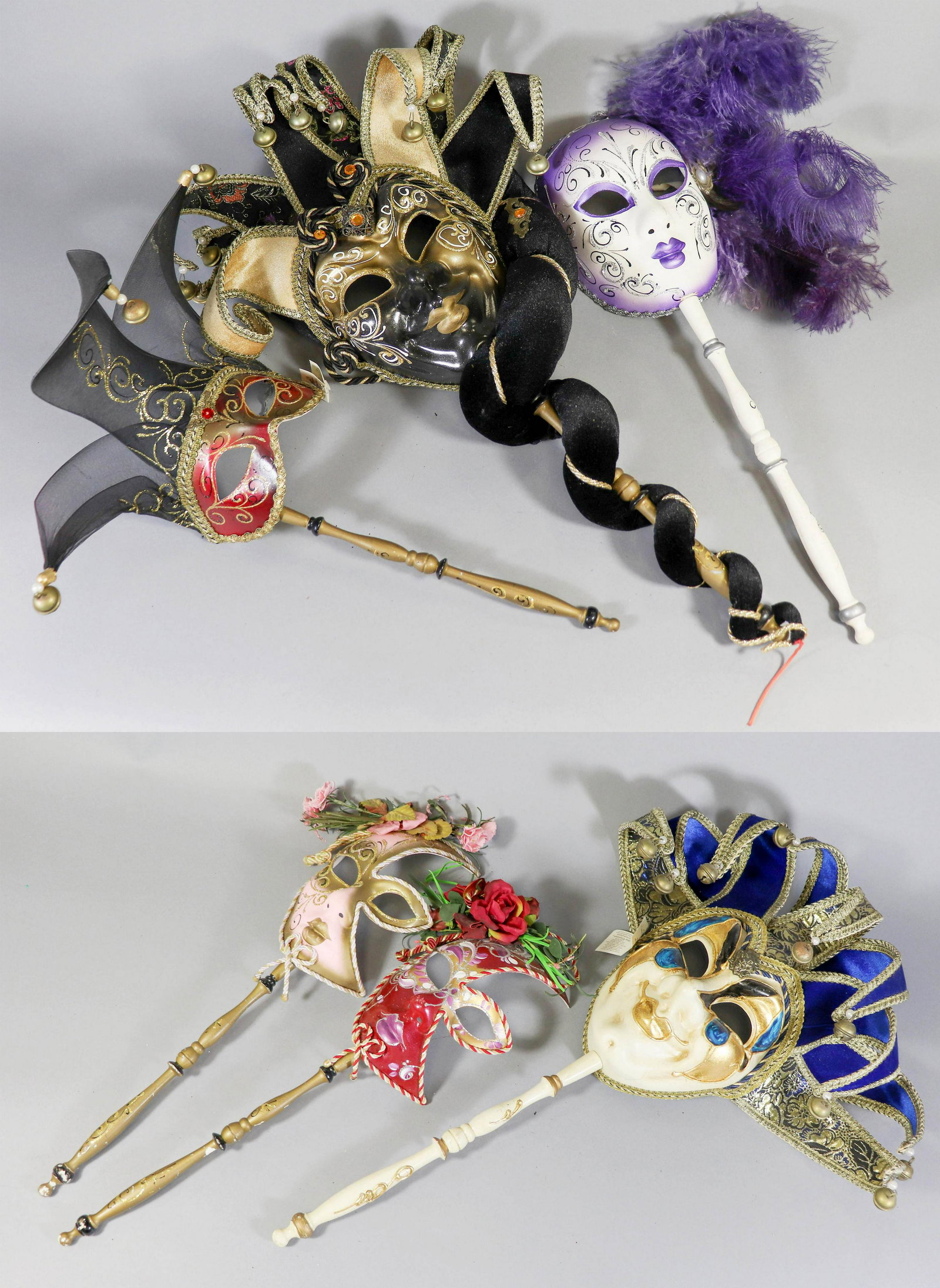(6) Venetian Papier Mache Masks: (6) Venetian papier mache masks, some Italian, some in style, gilt painted, paint decorated, in various adornments.