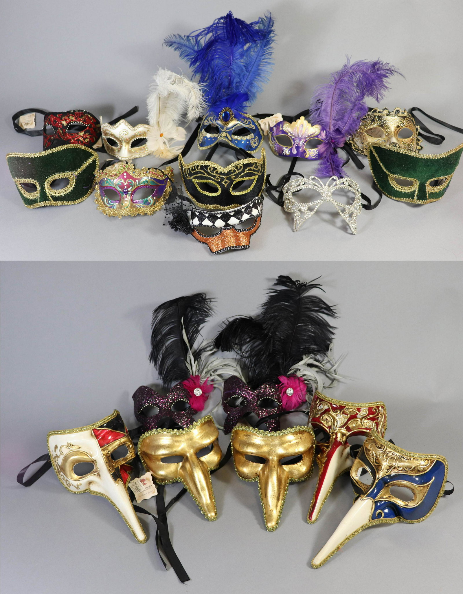(18) Venetian Masks: (18) Venetian masks, eye cover, adorned with feathers, gems, parcel paint and various adornments, also includes plague dr. style papier mache masks.