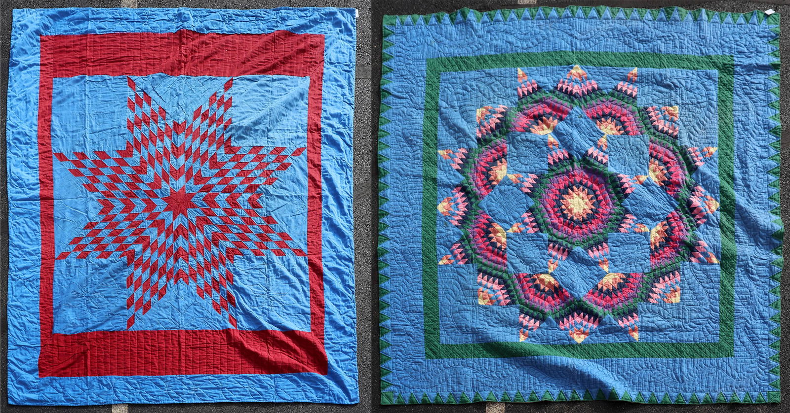(2) Patchwork Quilts: (2) Patchwork quilts to include Arch Quilts NY lonestar style quilt, 83"x83" in hand and machine sewn construction, some stains, and bi color star patterned hand and machine sewn quilt, stains.