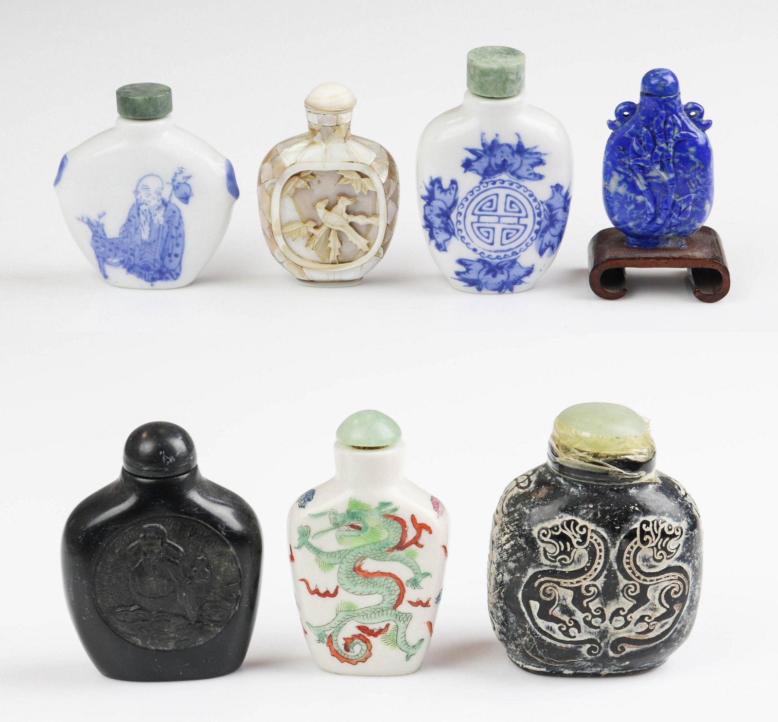 (7) Chinese Snuff Bottles: (7) Chinese snuff bottles, including porcelain, stone, mother of pearl, tallest 3"