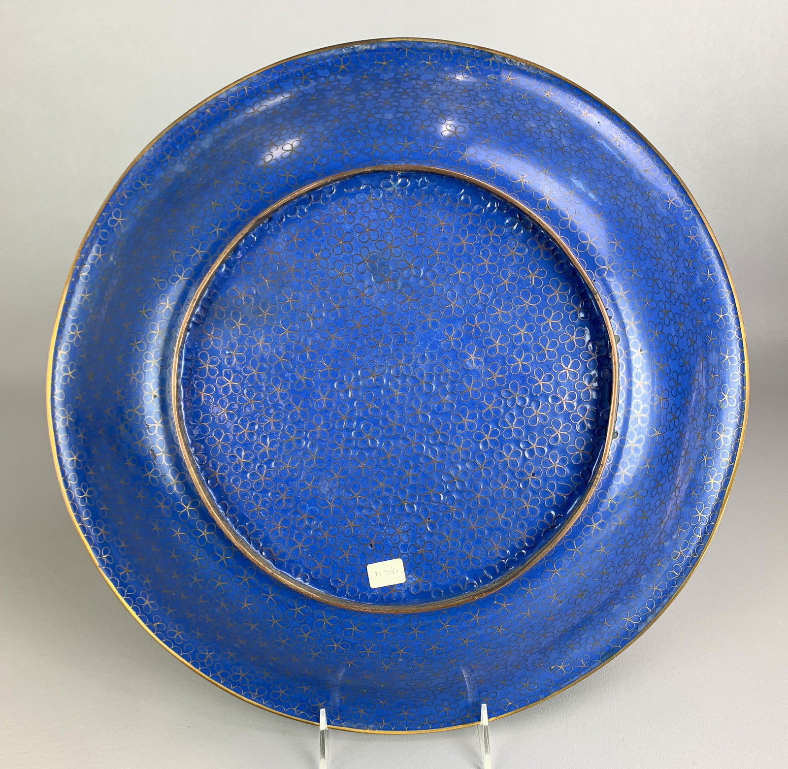 Chinese Cloisonne Low Bowl: Chinese cloisonne low bowl, deer & birds decoration, 16" dia x 2-1/2" h, Hairlines in enamel, 1/2" to enamel on back rim