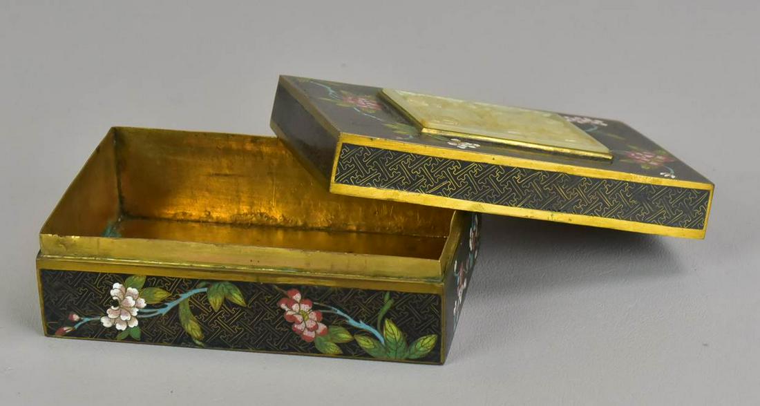 Chinese Cloisonne Box with Hardstone Medallion: Chinese cloisonne box, floral decoration, carved hardstone medallion with deer insert in lid, 5" x 3-1/4" x 2", crack in right sides of stone on top, wear to enamel, lite losses to corners