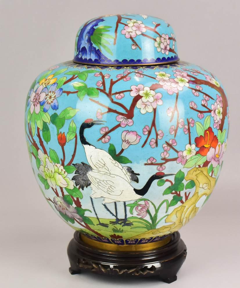 Large Chinese Cloisonne Ginger Jar: Large Chinese cloisonnÃ¯Â¿½ ginger jar, cranes in landscape decoration, 12" h x 10" dia, with carved wood stand
