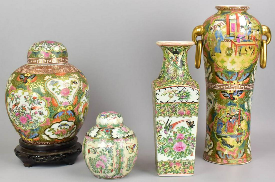 (4) Pcs Chinese Mandarin & Famille Rose Porcelain: (4) Pcs Chinese Mandarin & Famille Rose porcelain, c/o Meiping vase, figures in landscape & floral decoration, loose ring handles, seal mark to base (15-3/4" h), ginger jar with seal mark to base & wo