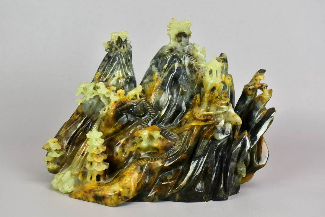 Chinese Carved Stone Mountain Landscape: Chinese carved stone mountain landscape with pagodas, 11" w x 7-3/4" h