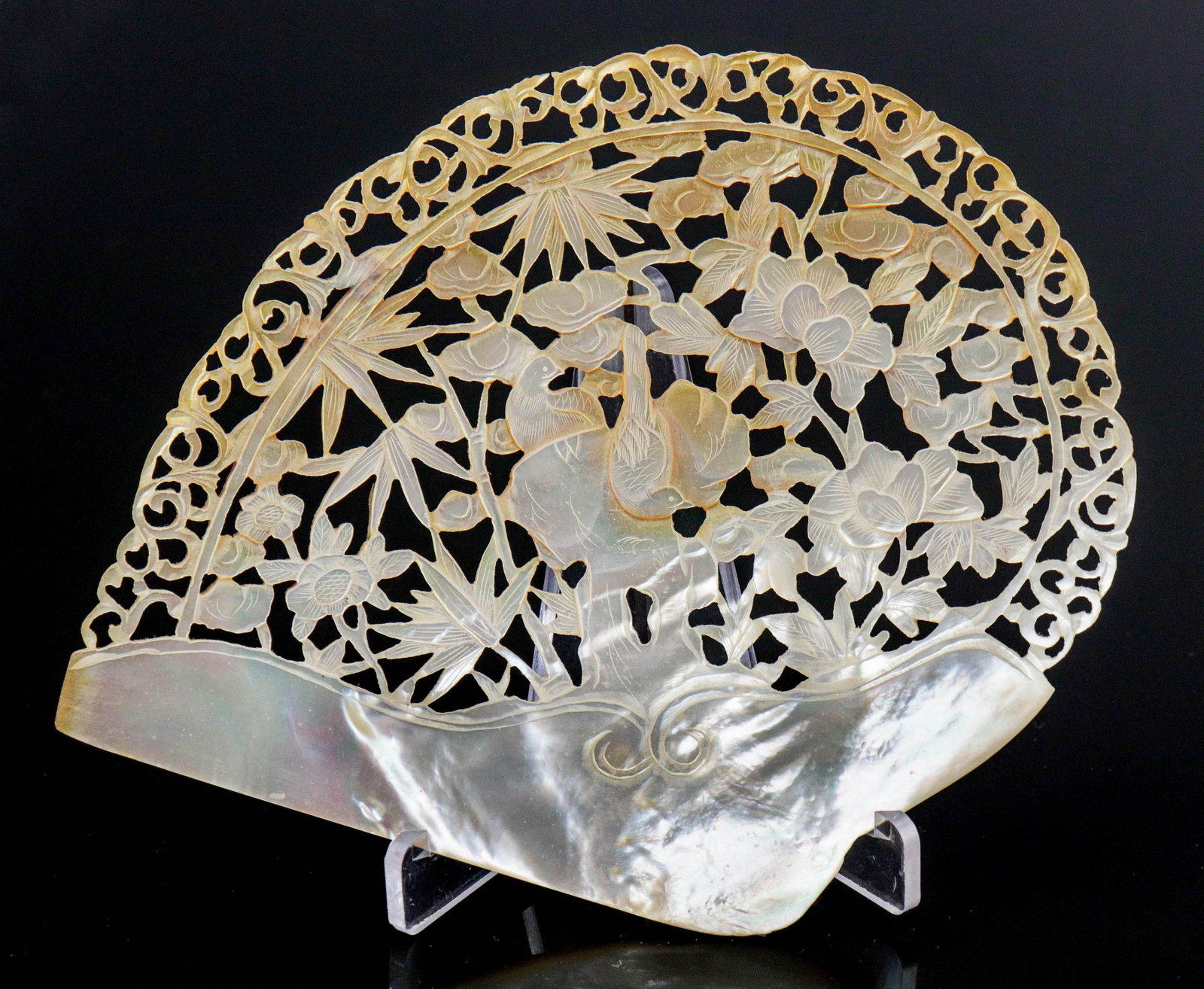 Chinese Carved & Pierced Abalone Shell: Chinese carved & pierced abalone shell, birds & flowers, 6-3/8" x 5-1/8"