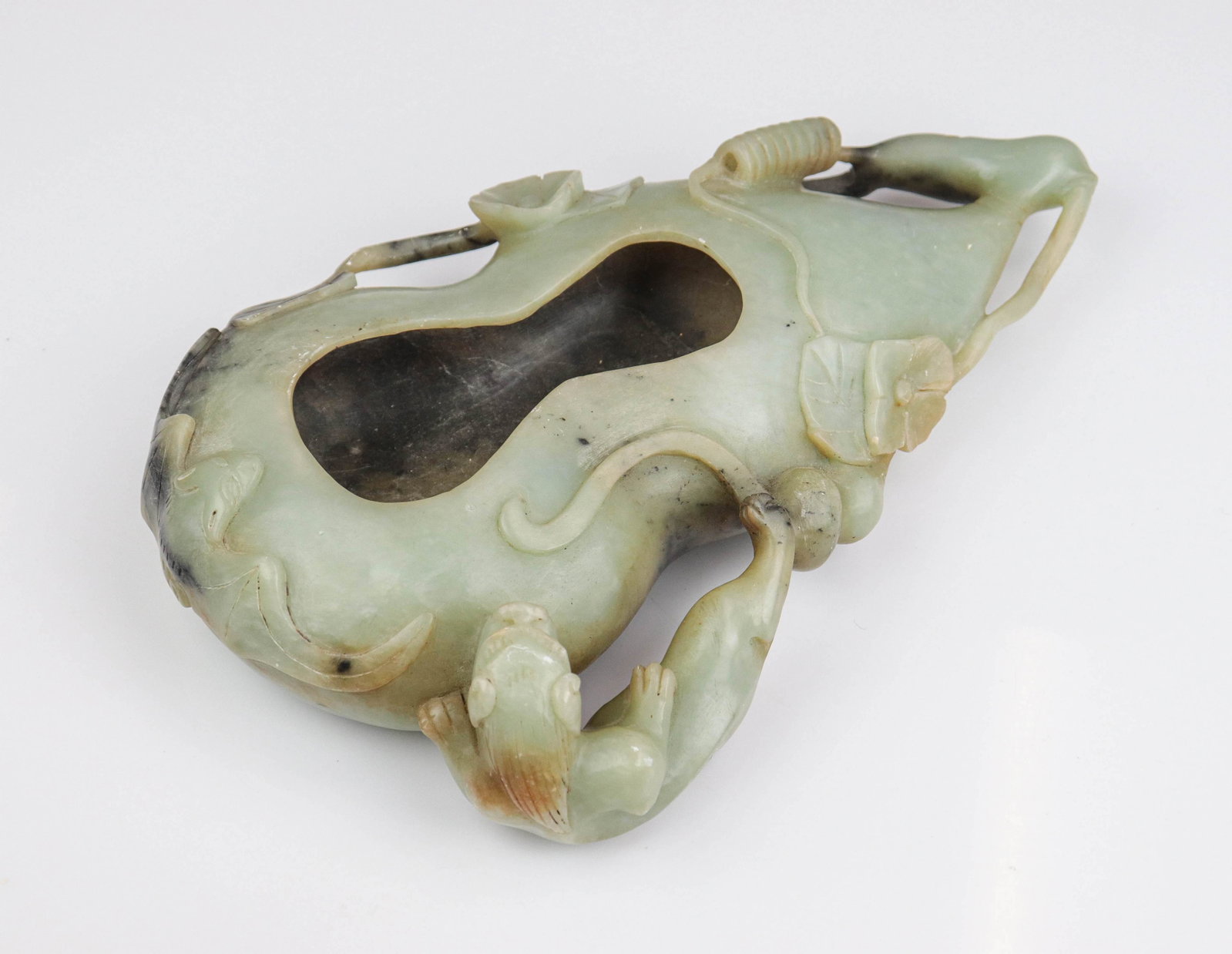 Chinese Carved Green Stone Brush Washer: Chinese carved green stone brush washer, flower & foo dog decoration, 11-1/2" x 7-1/2" x 2-1/2" h
