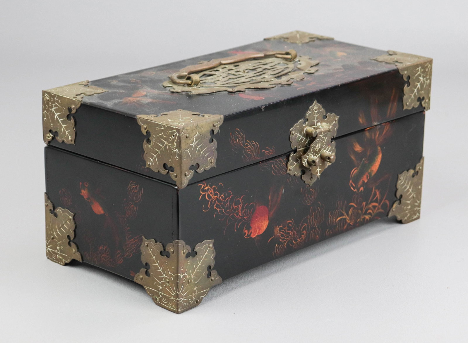 Chinese Lacquer Box: Chinese lacquer box, hand painted koi fish decoration, bronze mounts, bail handle, 10-3/4" x 5-1/2" x 5" h