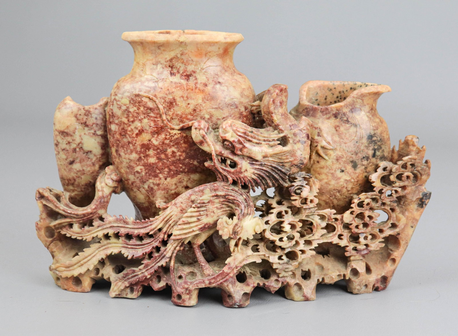 Chinese Carved Shoushan Stone Triple Vase: Chinese carved Shoushan stone triple vase with dragon, 6-1/2" h x 10" w