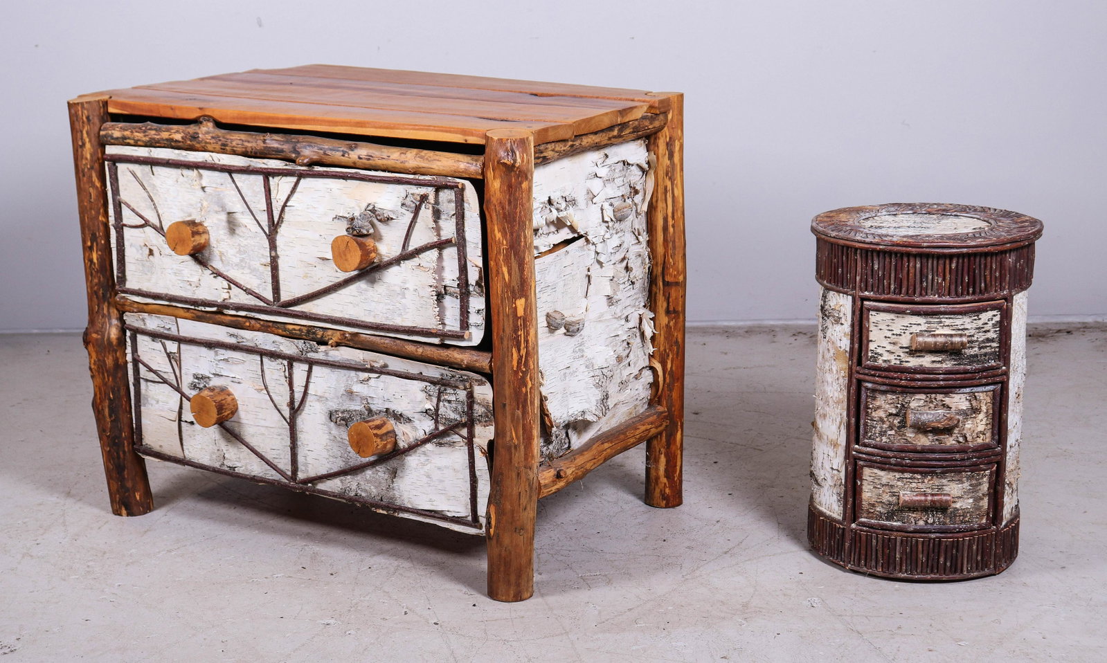 Branch decorated two drawer dresser, round side table: Branch decorated two drawer dresser, along with round three drawer side table, 31"h x 40"w