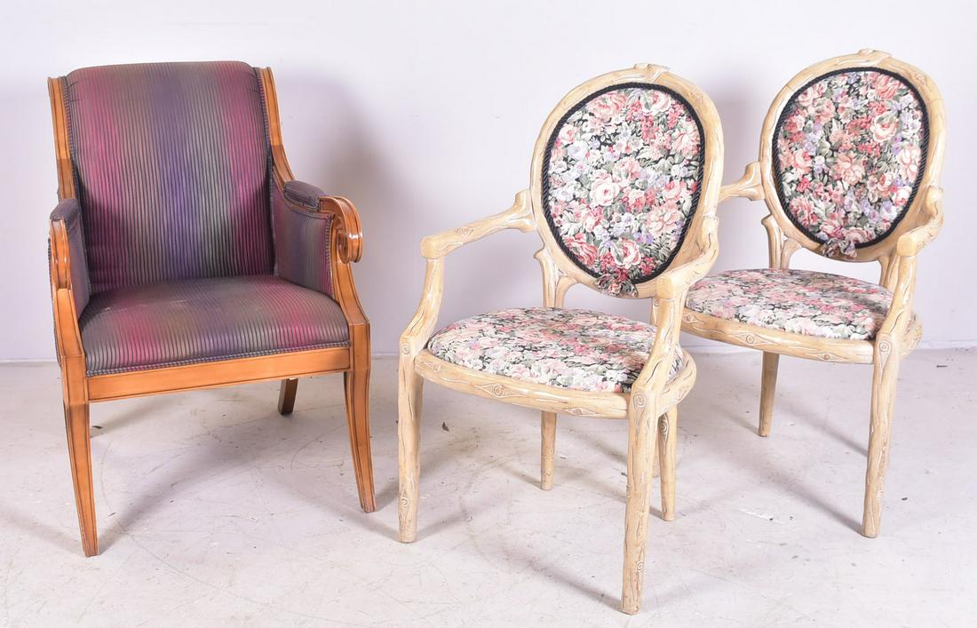 Empire style armchair, pair branch form armchairs: Empire style upholstered armchair, along with pair branch form armchairs, floral upholstery, largest 39"h, seat height 18-1/2"h