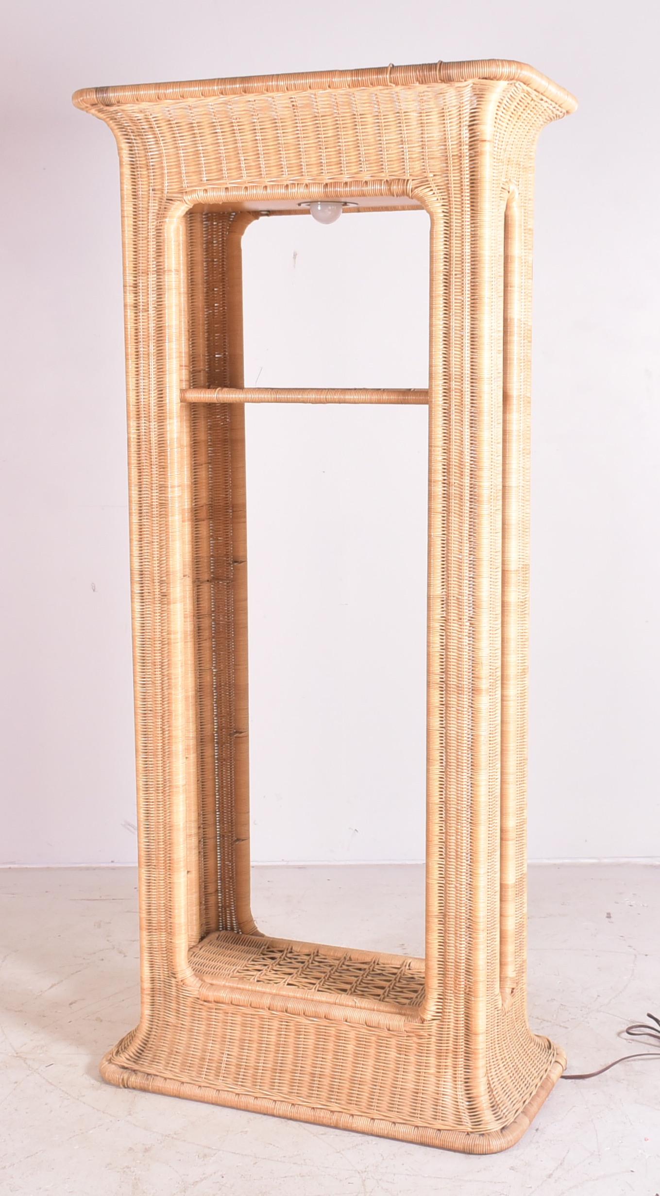 Wicker etagere: Wicker etagere, glass shelves, lights up, 74"h x 28"w