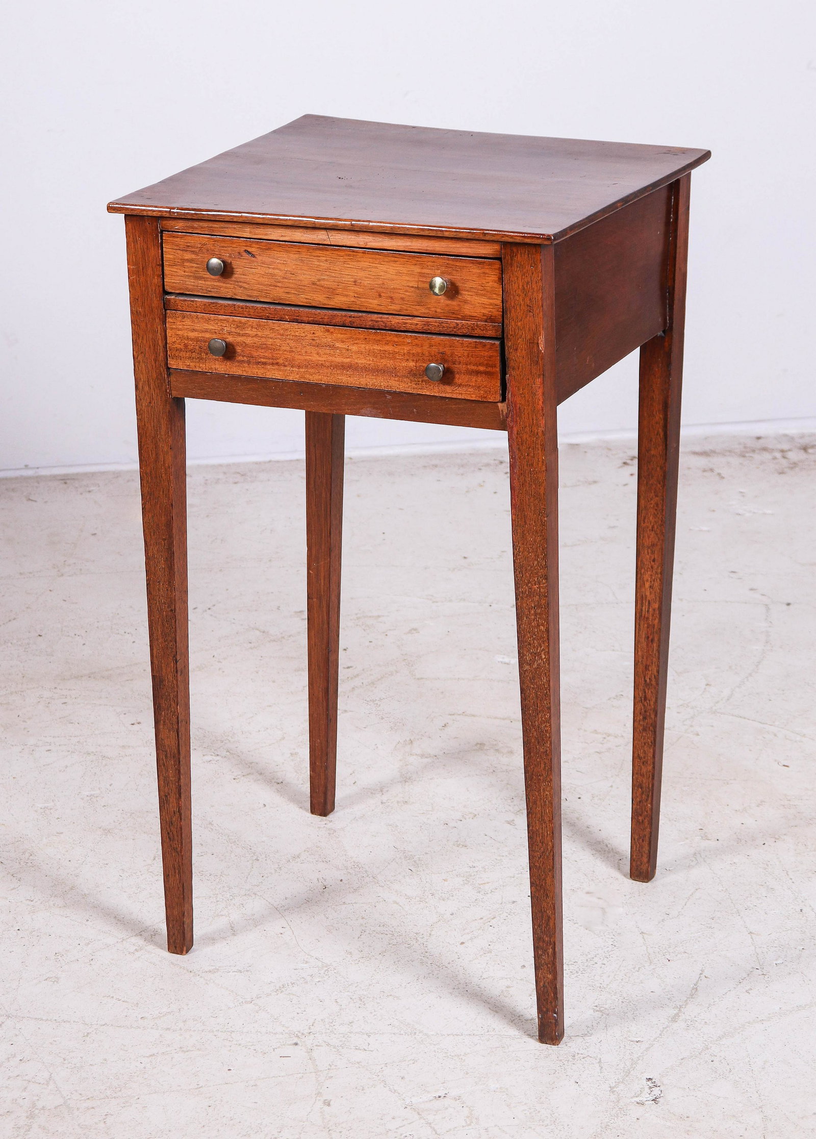 Hepplewhite two drawer stand: Hepplewhite two drawer stand, 28-1/2"h x 18"w, wear and damages due to use and age