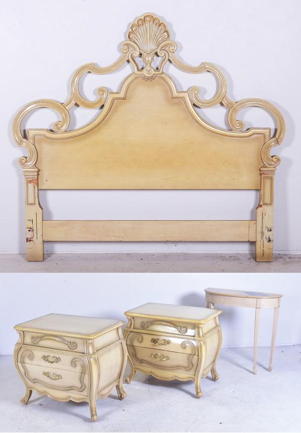 (3) pc French style BRS: (3) pc French style BRS, c/o pair bombe nightstands, Queen size headboard, along with paint decorated demilune console table, largest 25-1/4"h x 28"w, wear to paint