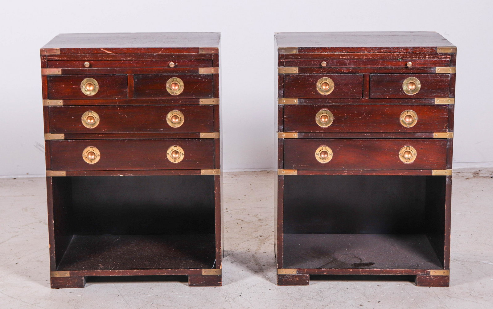 Pair Campaign style nightstands: Pair Campaign style nightstands, pull out slide over two short drawers over two long drawers, 25-1/2"h x 18"w