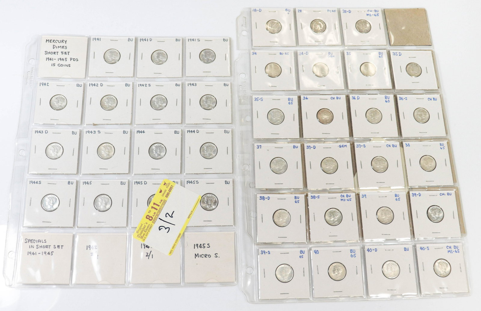 (40) Mercury Silver Dimes: $4.00 Face Value Mercury Silver Dimes, in plastic sleeves, designated BU