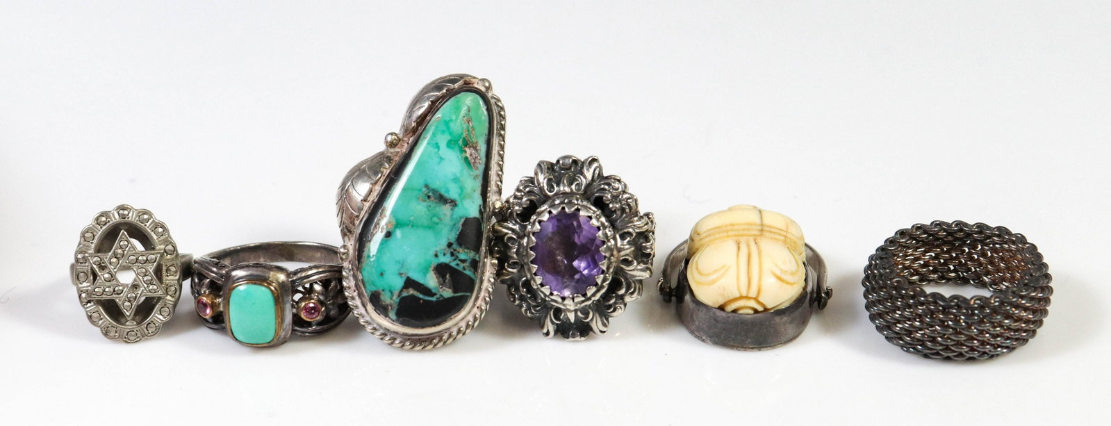(6) Sterling Silver Rings CINI and Others: (6) Sterling Rings, set w/various stones, Cini Poison Ring, Star of David in marcasite, 2.3 TO