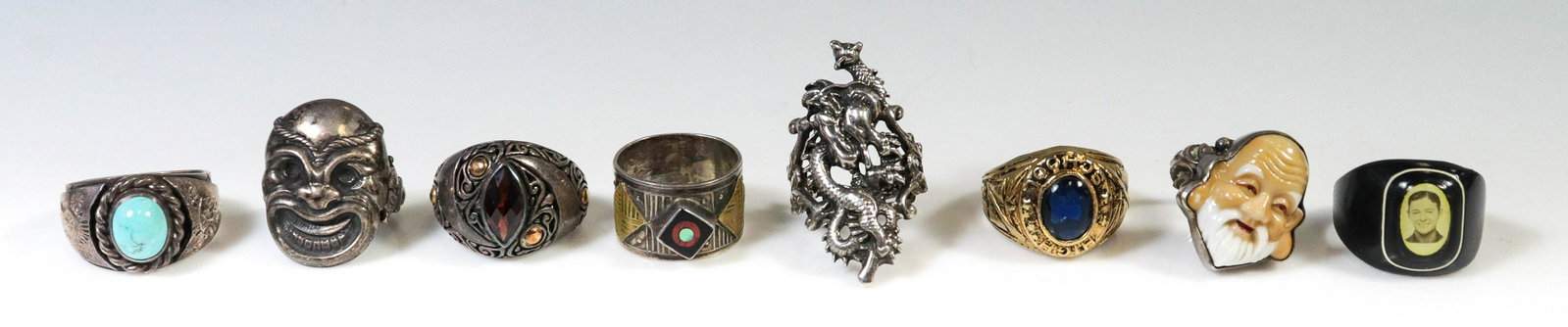 (8) Unmarked Silver Rings: (8) Unmarked Silver/Gold Tone Rings, various stones