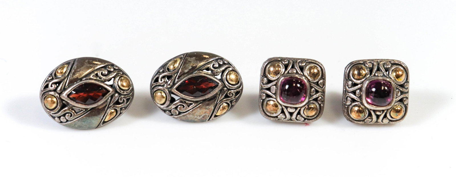 (2) Pc Lot of Samuel B Earrings: (2) Pc lot of Garnet Samuel B Earrings, Sterling silver with gold accents, both have pierced omega clip backs.