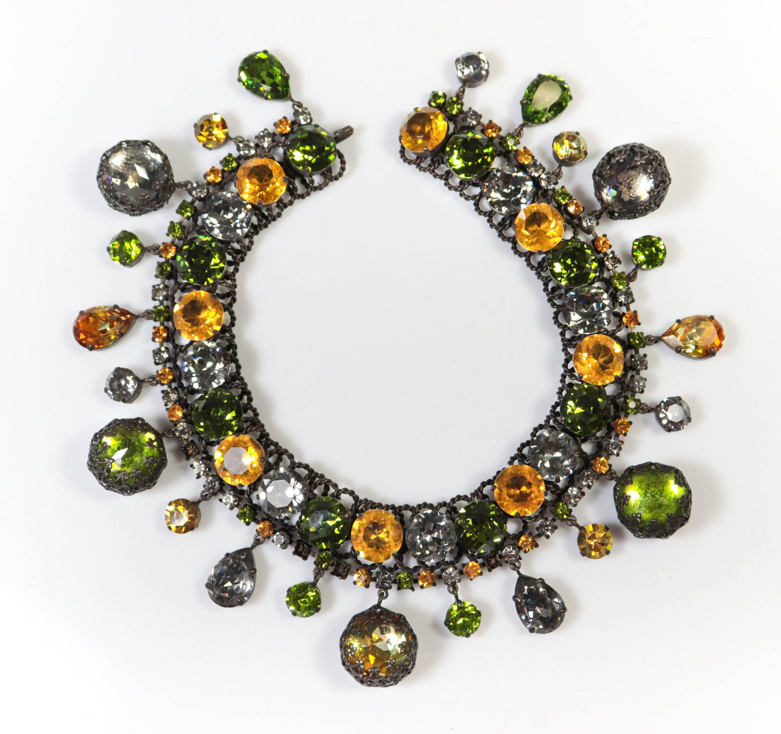 15" Statement Necklace: 15" Rhinestone collar necklace, green,yellow and white stones, statement piece, missing a few small rhinestones. Very pretty!