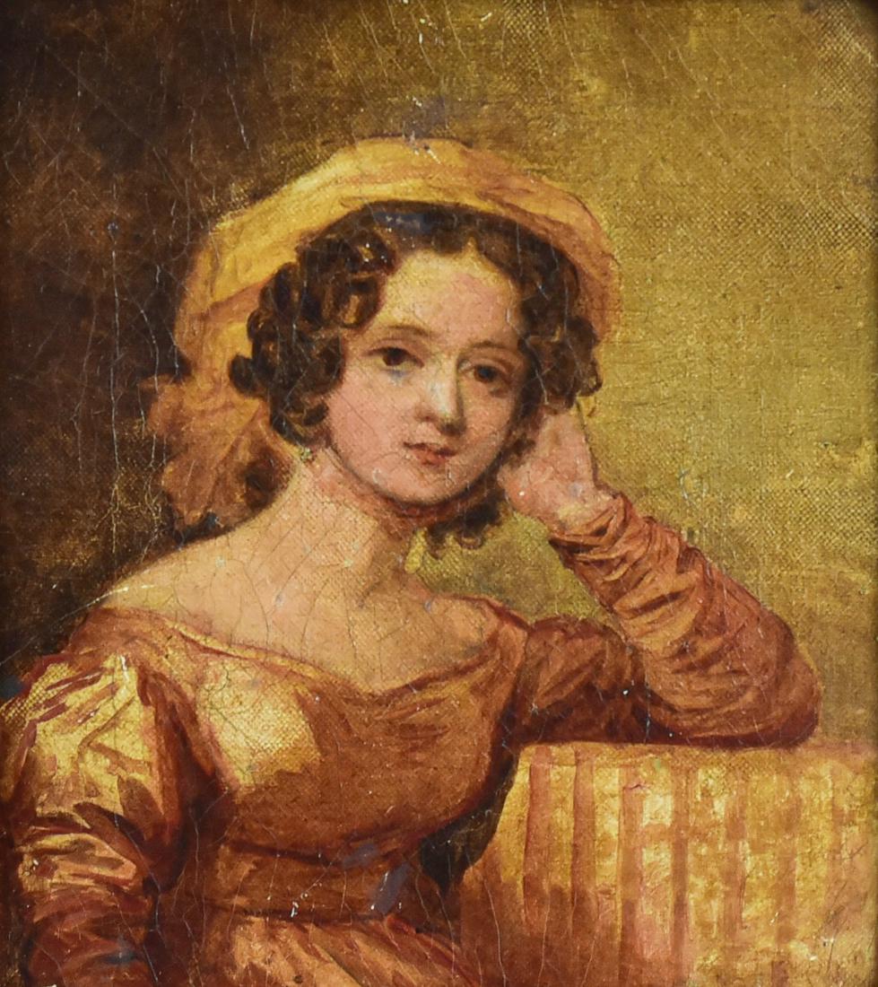 Continental, 19th c, Young Woman in Hat: Continental, 19th c, o/c, 8" x 7", Young Woman in Hat, Gilt Frame