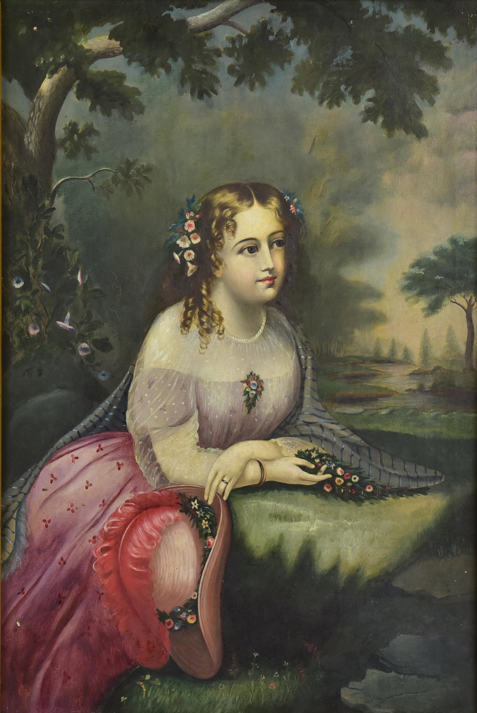 19th c School, o/c, Young Girl in Garden: 19th c School, o/c, 14 3/8" x 10", Young Girl in Garden, gilt frame