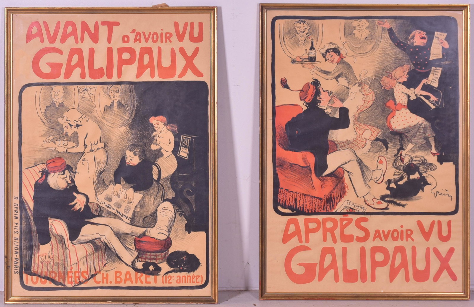 Jules Alexander Grun (2) French Posters: Jules Alexander Grun (2) French Posters, "Avant d'avoir vu Galipaux" and 'Apres avoir vu Galipaux", depicting a family before and after seeing the performer Felix Galipaux, lithograph on paper, printe