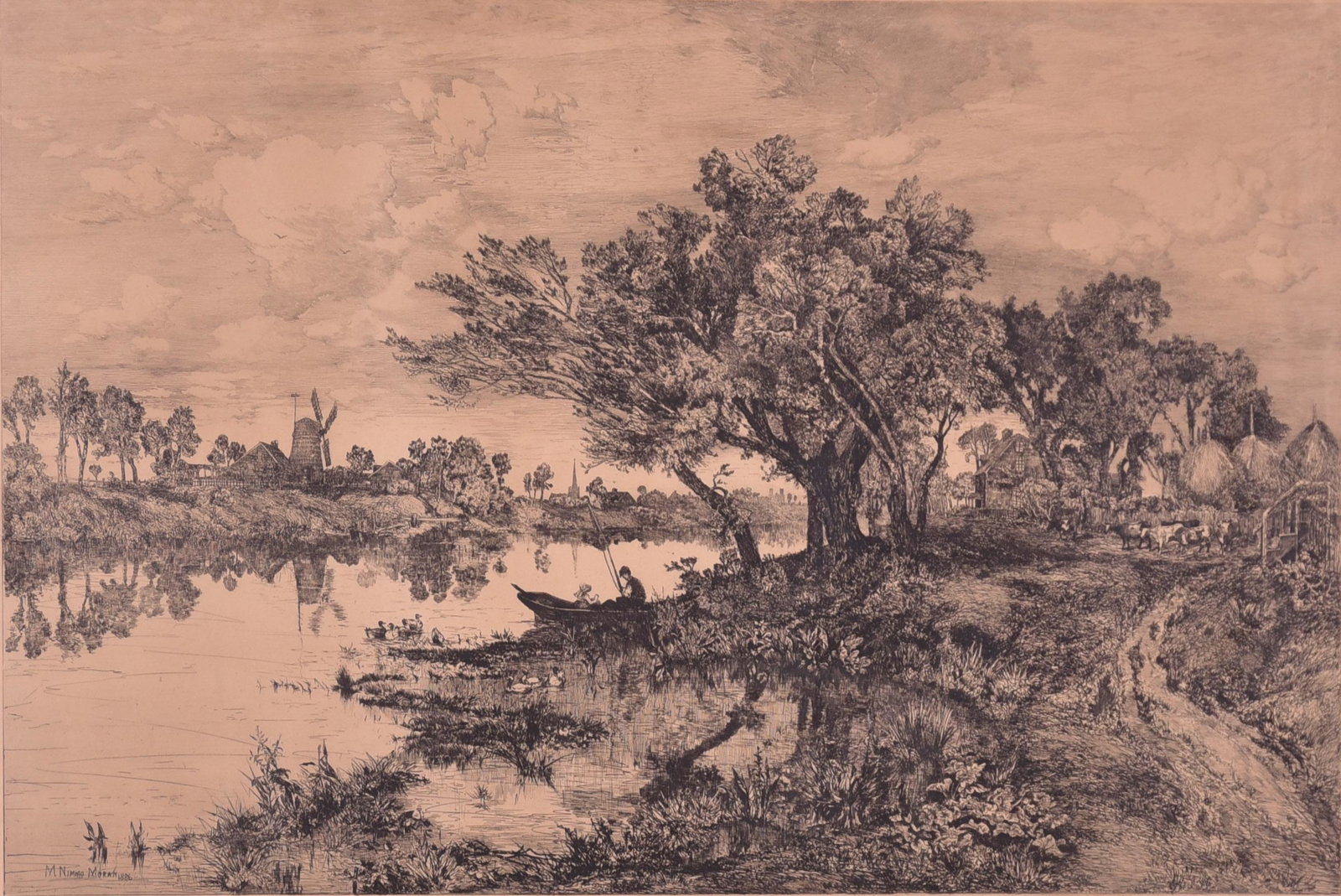 Mary Nimmo Moran Landscape Etching: Mary Nimmo Moran (American, 1842-1899), landscape etching, etching on paper, dragonfly remarque, pencil signed "M. Nimmo Moran", 19-5/8" x 29-1/2" image, 23-1/4" x 32-1/2" sheet, framed 28-3/4" x 37-3