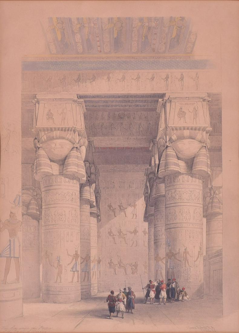 David Roberts "Temple of Dendera": David Roberts "View from under the Portico of the Temple of Dendera", hand colored lithograph, 18-1/2" x 13-3/8" sight, framed 26-1/2" x 21", good condition, not inspected out of frame