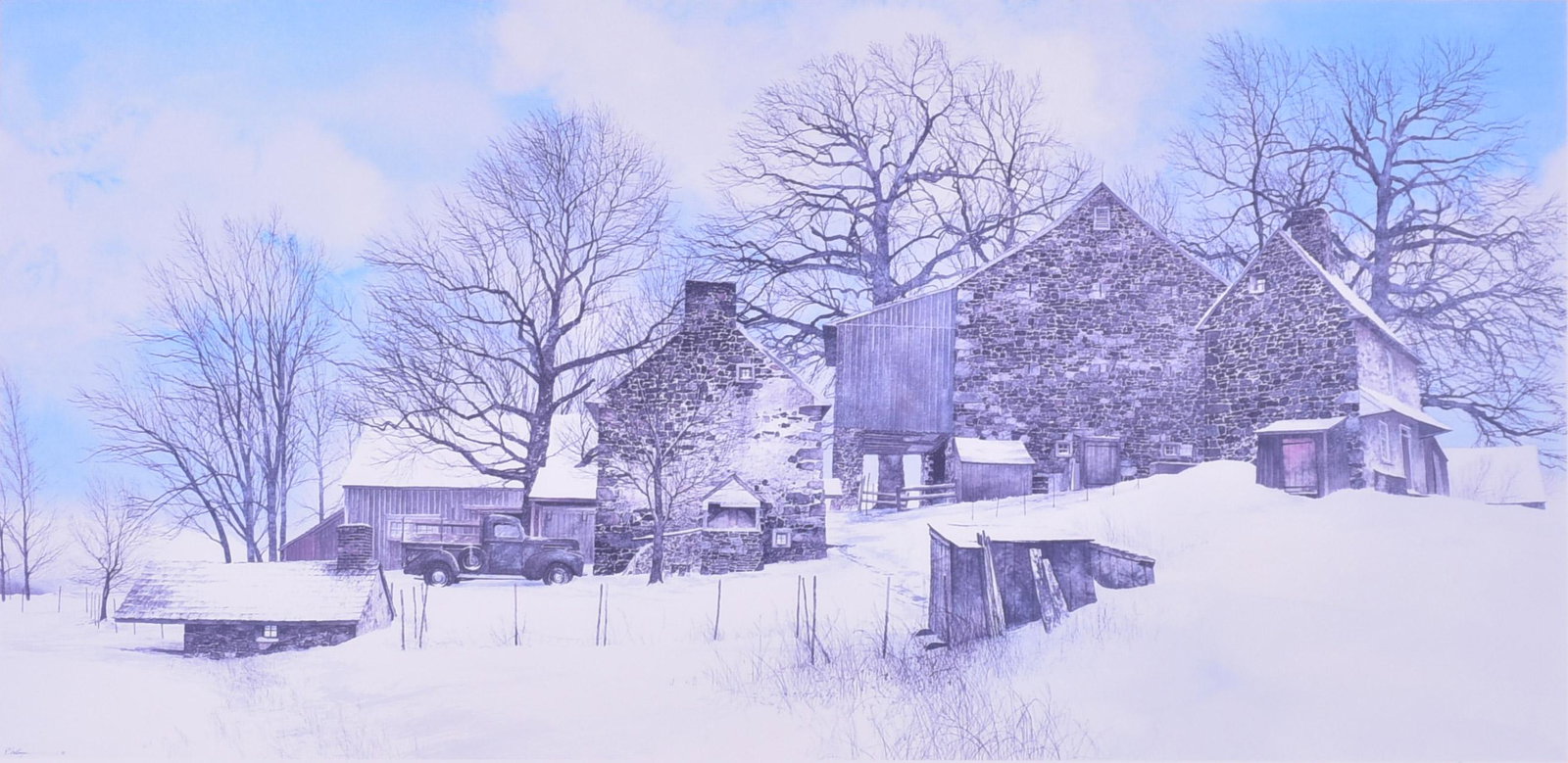 Peter Sculthorpe Signed Print "Winter Landscape": Peter Sculthorpe (American, b 1948) PA artist, signed print "Winter Landscape with Farm Truck", lithograph on paper, signed "P. Sculthorpe", edition 80/500, original custom frame, 16" x 32-3/4" image,