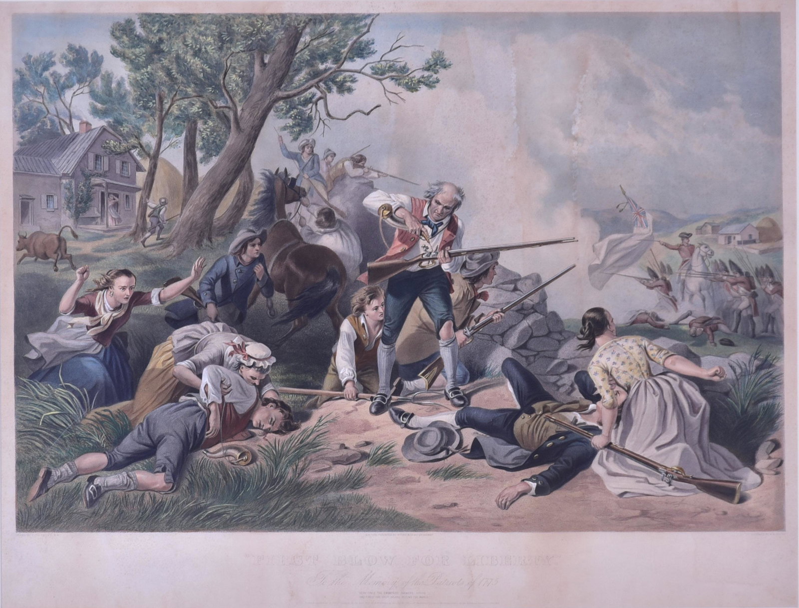 Engraving "First Blow for Liberty": Engraving "First Blow for Liberty", hand colored engraving after Felix Octavius Carr Darley, engraved by A.H. Ritchie, 20-1/4" x 29-5/8" image, 23-1/2" x 30-5/8" sight, framed 34-7/8" x 42-1/4", good