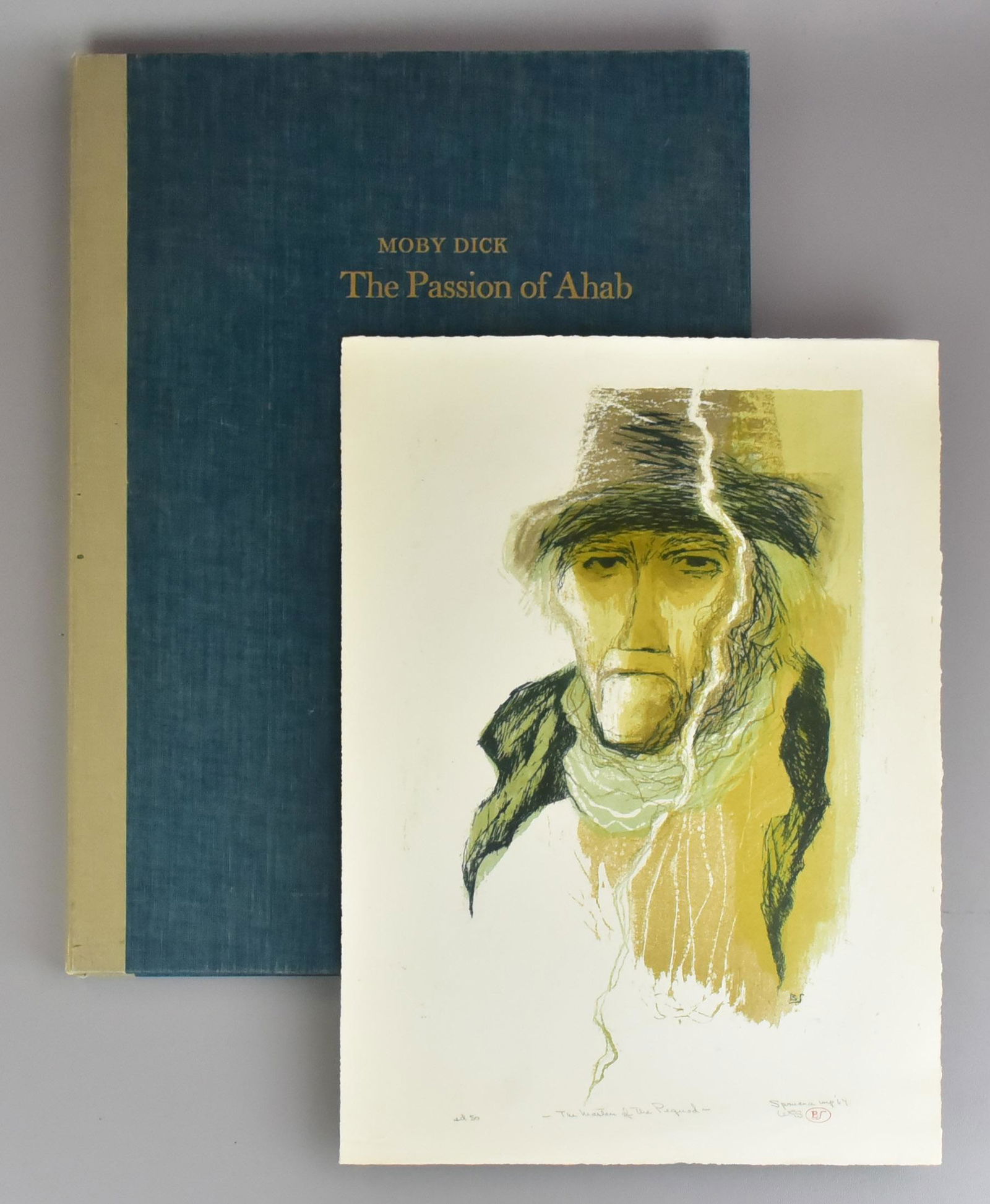 Benton Spruance Moby Dick: Signed Edition: Benton Spruance Moby Dick: The Passion of Ahab, signed edition, one of 50 sets which include a signed original lithograph "The Master of the Pequod", folio includes 26 lithographs printed on Rives hea