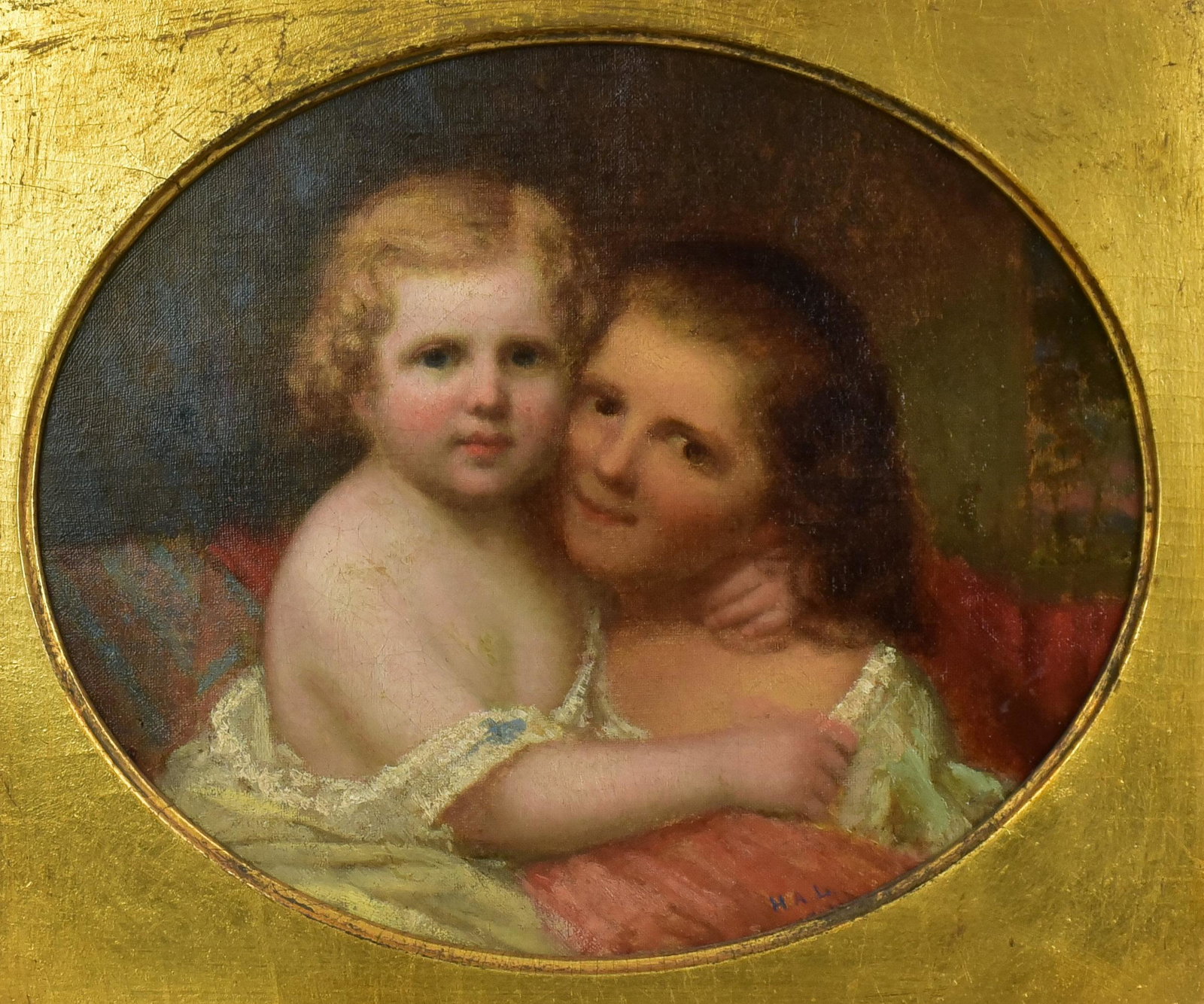 19th C Painting of (2) Young Sisters: 19th C Painting of (2) young sisters, oil on canvas, signed "H.A.L.", attribution on frame to H.A. Loup, period gilt frame, 10" x 12", framed 19-1/4" x 21-1/4", good condition with old restoration