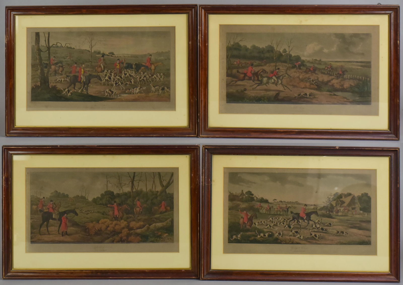 Henry Alken (4) Hunt Scene Prints: Henry Alken (British, 1810-1894), (4) hunt prints, "Going to Cover", "Breaking Cover", "Full Cry" and "The Death", aquatint with hand coloring, 8" x 16" image, framed 15-1/4" x 22-1/4", good condition