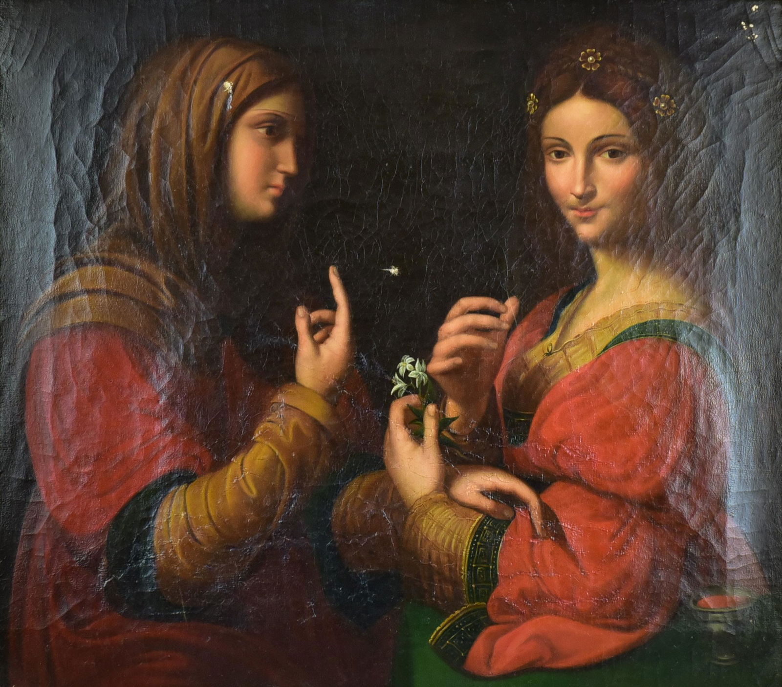 After Bernardino Luini "An Allegory of Modesty": After Bernardino Luini "An Allegory of Modesty and Vanity (The Conversion of Mary Magdalene)", oil on canvas, 18th or 19th C, 25-1/2" x 29", framed 33-1/2" x 36-1/2", fair to good condition, (2) small