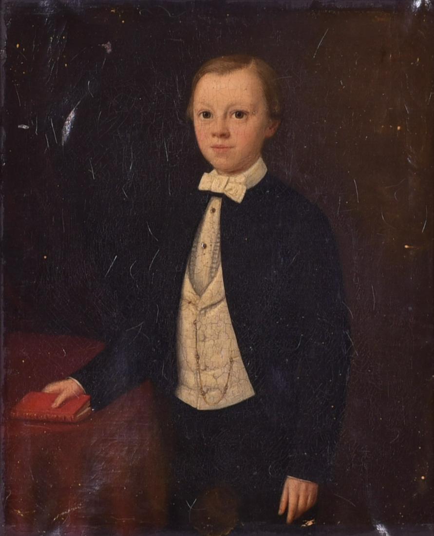 19th c Portrait Painting of a young boy: 19th c Portrait Painting of a young boy, oil on canvas, unsigned, 17-1/4" x 14", framed 24" x 21", fair condition, age crackling, scratches, heavy varnish