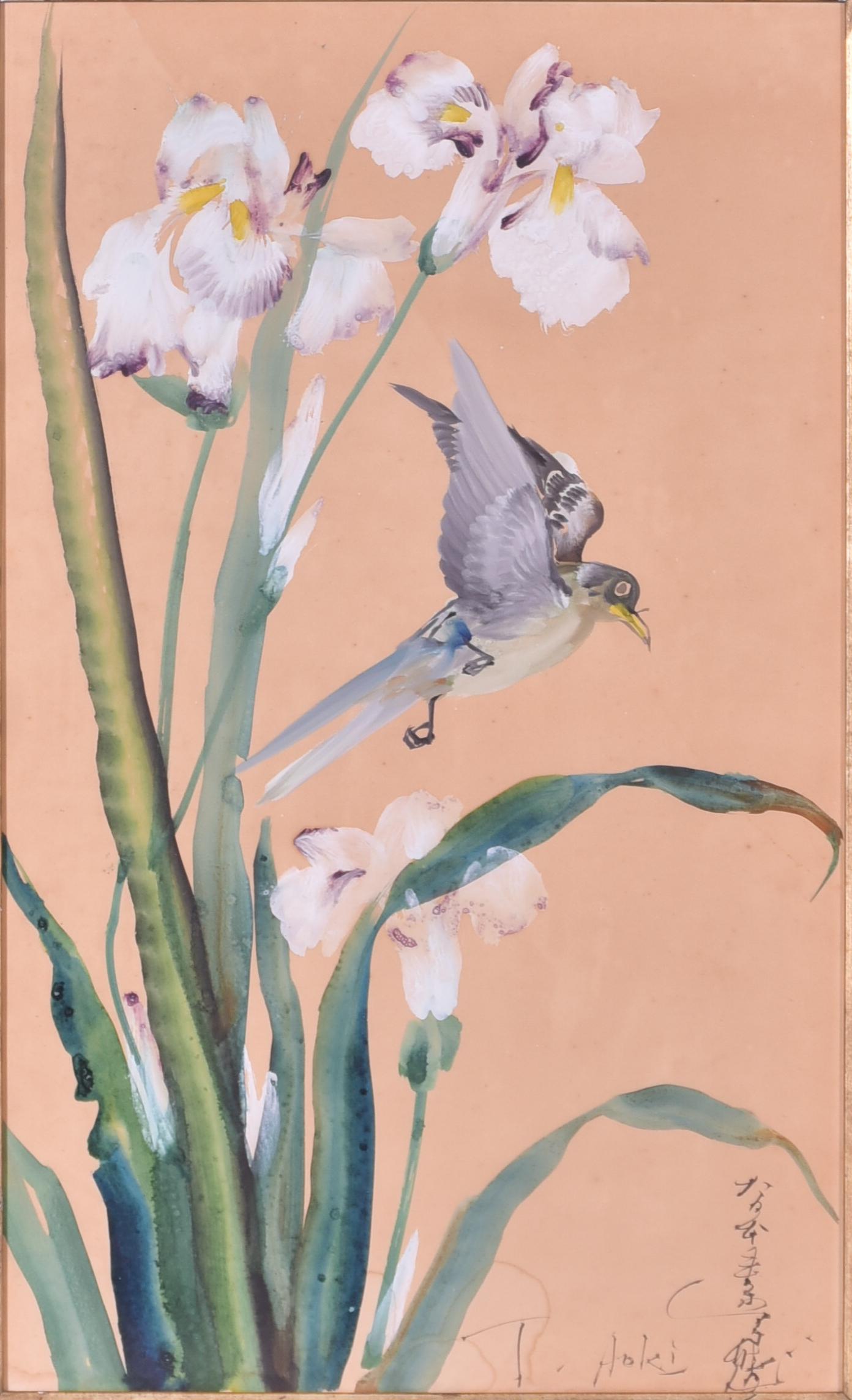 Toshio Aoki Japanese Watercolor "Bird and Irises",: Toshio Aoki Japanese (American, 1854-1912), Watercolor "Bird and Irises", watercolor on paper, signed T. Aoki, 23" x 14", framed 29-1/4" x 20-1/4", good condition with foxing spots, water stain at bot