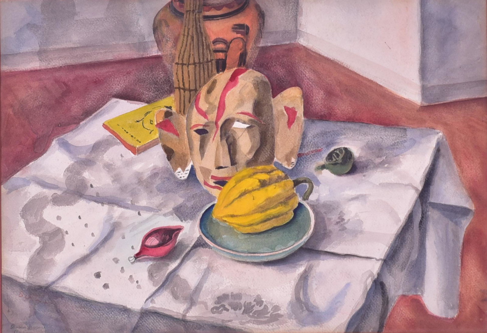 Bertram Hartman Still life with mask: Bertram Hartman (American, 1882-1960), Still life with mask, watercolor on paper, Bertram Hartman Estate stamp lower left, 15" x 21-3/4", framed 24-1/2" x 30-1/2", good condition