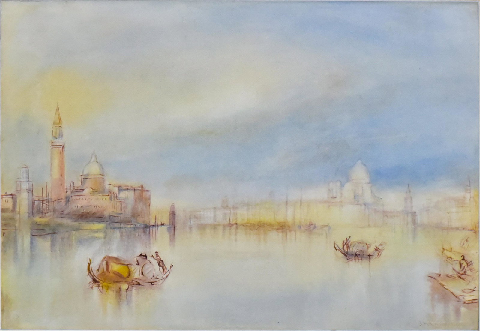 Manner of JMW Turner Venice Sketch: Manner of JMW Turner Venice sketch, watercolor on paper in the style of Turner's sketches of Venice, bears signature "J.M.W. Turner 1819", 9" x 12-1/2" sheet, framed size 15" x 18-3/4", good condition