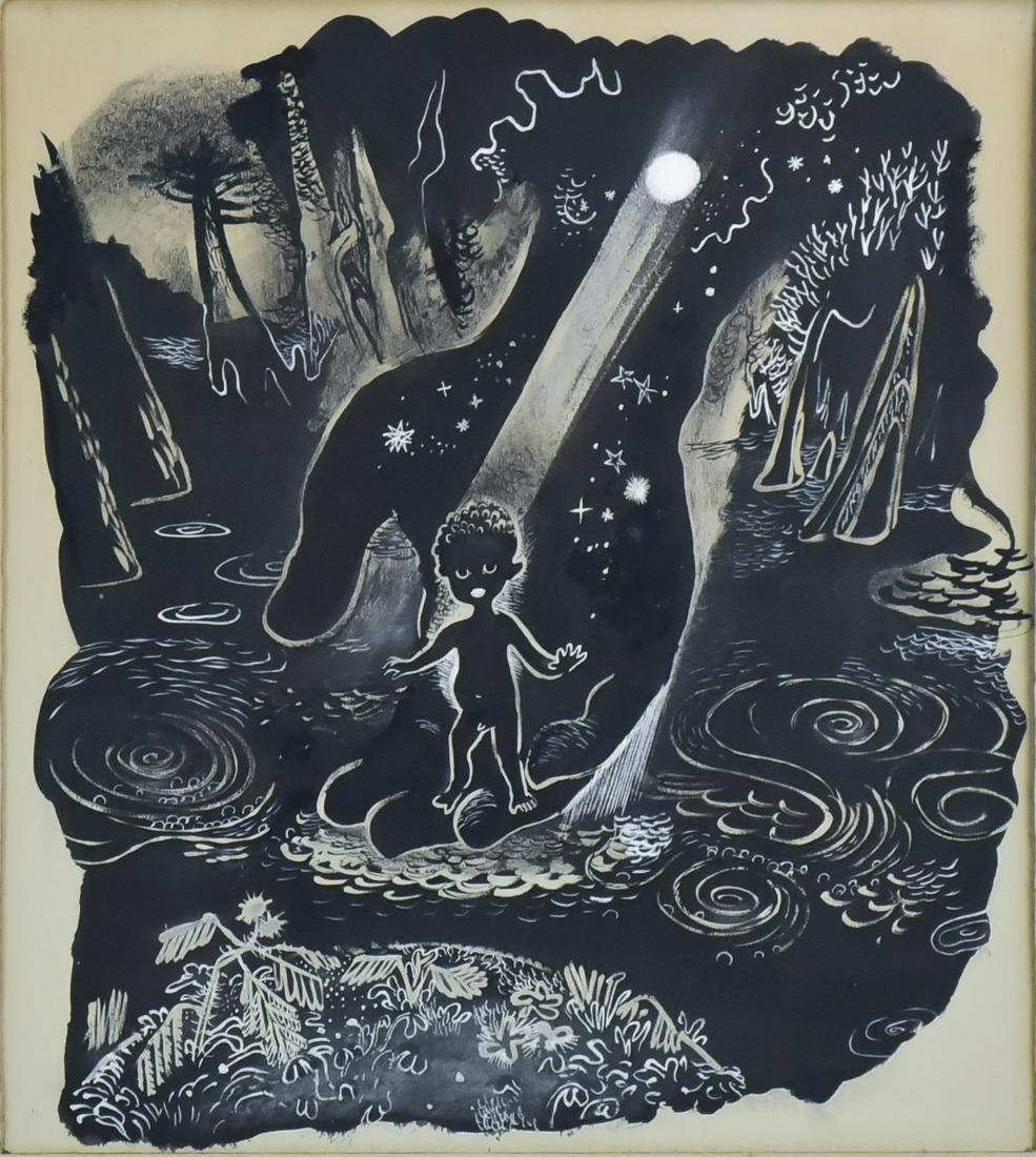 Edgar Miller Illustration "Deep River": Edgar Miller (American, 1899-1993) illustration "Deep River", mixed media on illustration board, signed "Edgar Miller" on the mat, 18-1/4" x 16-1/4" sight, framed 30" x 37-1/2", Watercolor and gouche 