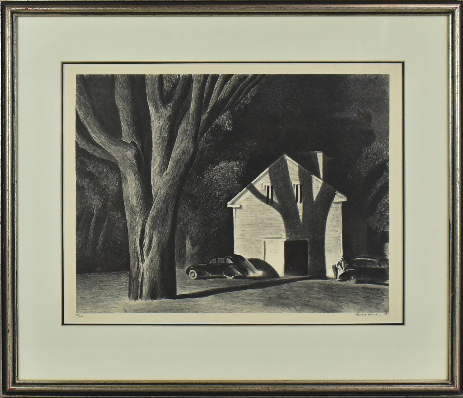 Peter Helck Landscape Lithograph: Peter Helck (American, 1893-1988) landscape lithograph depicting (2) cars outside a garage, lithograph on paper, pencil signed "Peter Helck '38", edition 30/100, 11-1/2" x 15-1/8" image, framed 19-1/4