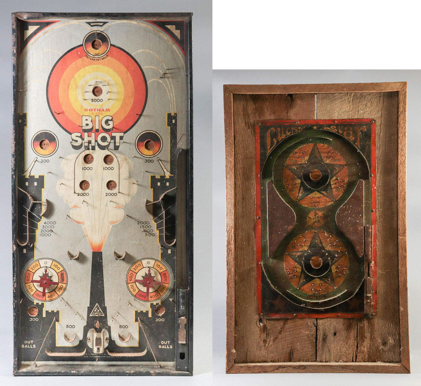 Lucky Star and Big Shot Table Top Pinball Games: Lucky Star and Big Shot table top pinball games to include wood framed litho printed tin Lucky Star game and tin made and framed Big Shot game, 33" h and 24" h